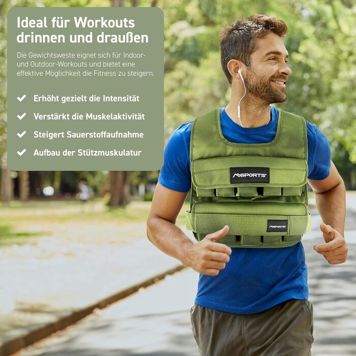 Вага для тренувань MSports Premium, регульована 5-30 кг, вага для бігу, фітнесу, силових тренувань (15 кг, Military Green)