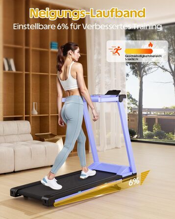 Lacuffy Біговий тренажер для дому, складаний, Walking Pad з нахилом 6%, велика площа для бігу 112 * 42 см, вантажопідйомність 158 кг, для високих людей (Синьо-Чорний)