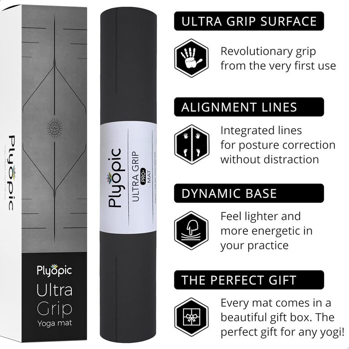 Килимок для йоги Plyopic Ultra-Grip Pro+ – антиковзаюча поверхня, комфортний та стійкий до поту. Лінія вирівнювання. Для йоги, пілатесу, бікраму та хот-йоги