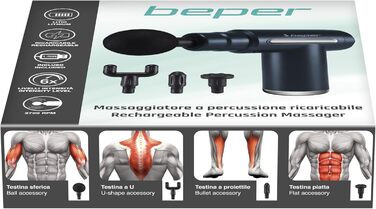 Перкусійний масажер BEPER P302MAS002, 30 Вт, акумуляторний, 4 насадки, 6 режимів, чорний