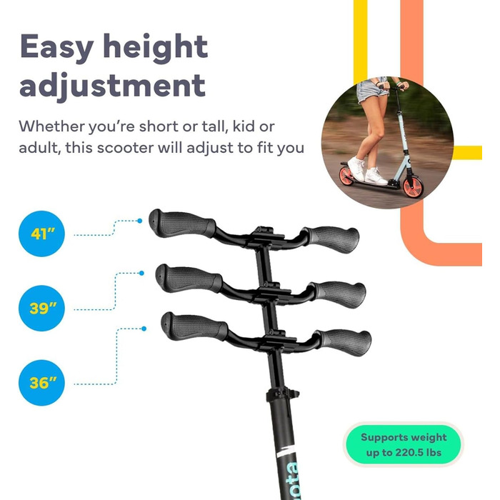 Lascoota Роликовий самокат для дітей від 8 років - дорослий, складний, регульована висота, амортизація переднього колеса, ремінь на плече, колеса 20 см, великий самокат для підлітків, колір: блакитний