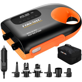 Насос FOWAWU 20PSI для SUP, човнів та каяків: 12V, 2-ступенева інфляція, автовимкнення, надування та здування