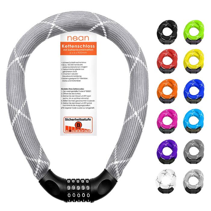 Надійне велозамок Nean з кодом, 6x6x900 мм, сталевий ланцюг, тканинне покриття, висока безпека