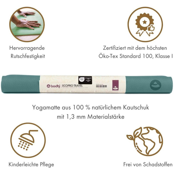 Йога-мат Bodhi ECO PRO Travel 100% натуральний каучук, легкий, складаний, не ковзає, екологічний, професійний, для йоги та пілатесу, для подорожей, 185x60x0,13 см