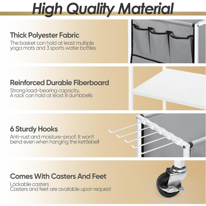 Стойка для гантелей для дому, багаторівнева полиця для зберігання, органайзер для йога-килимка та фасційного ролика, аксесуари для тренувань з роликами та гачками, білий