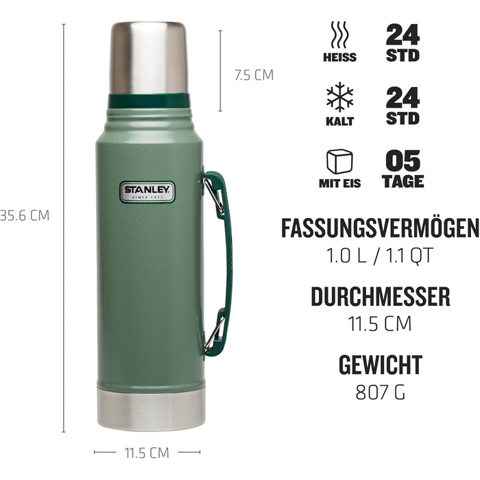 Термос Stanley Classic Legendary 1L Hammertone Green - Збереження тепла/холоду 24 години, з нержавіючої сталі, BPA Free, для подорожей