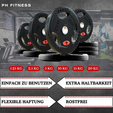Преміум олімпійські диски PH Fitness 1.25 кг, чавунні з гумовим покриттям, трихватні, 50 мм для штанги та гантелей, набір 2 шт.
