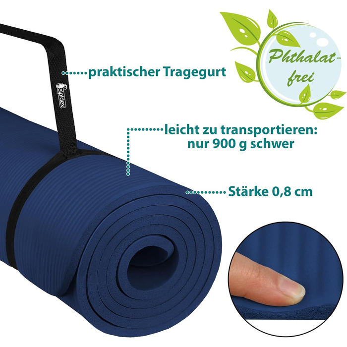Килимок для йоги ALPIDEX 183x60x0.8 см - нетоксичний, з E-book, ремінком, антиковзкий, для фітнесу, гімнастики, пілатесу, спорту, фізіотерапії, HIIT, йоги, тренувань (Blue)