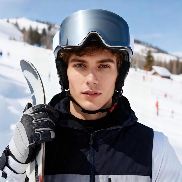 Скі-маска для дорослих (чоловіків та жінок) YH227, сноуборд маска для носіння з окулярами, Anti Fog OTG, захист від сонця UV, антиковзне наголов'я, повне REVO-дизайн, білий/сріблястий, VLT 13%