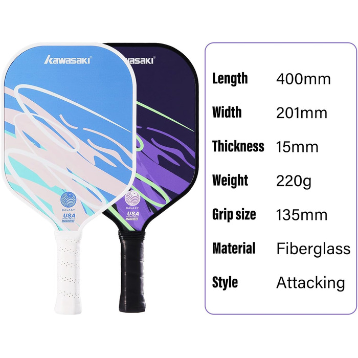 Паддл для піклболу Kawasaki Galaxy: легкий, скловолокно, 15 мм, чорно-фіолетовий