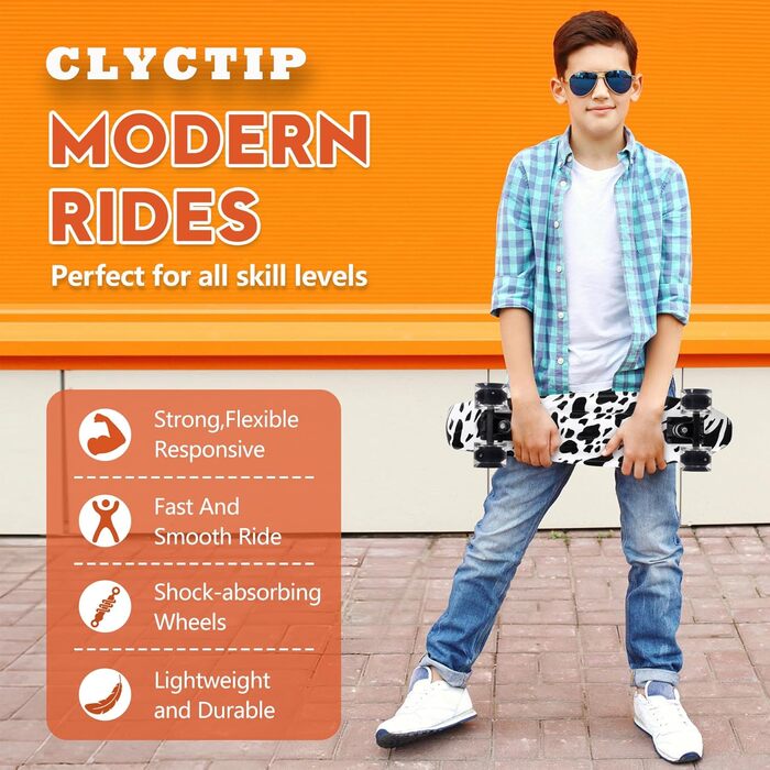 Скейтборд CLYCTIP Mini Cruiser 22 дюйми з підсвічуванням та ABEC-11 підшипниками для дітей та початківців, білий