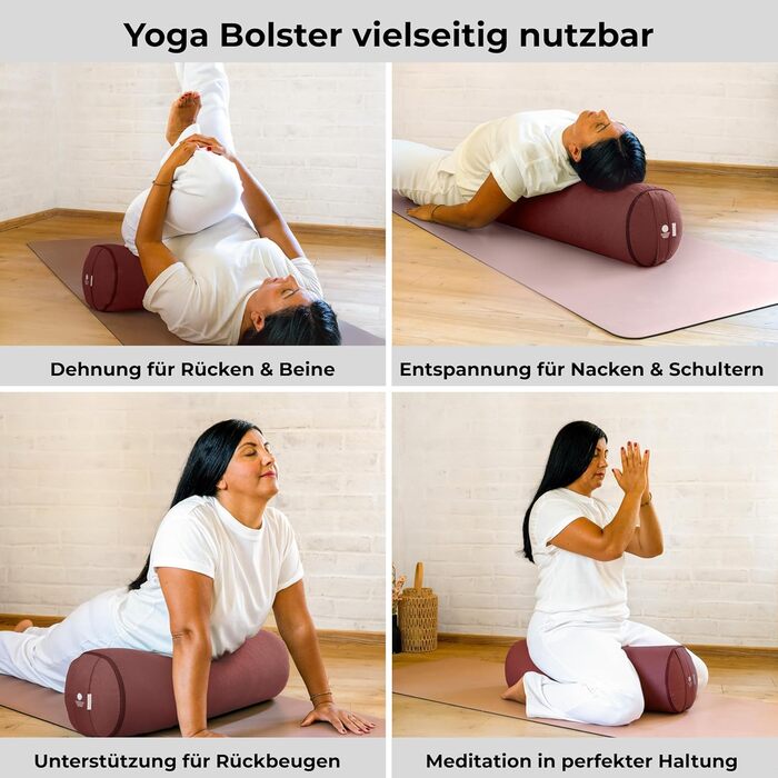 Йога-болстер Inner Peace: довге подування для йоги з органічної дінкової вати, 23 см, Made in Germany, знімний бавовняний чохол (лісова полуниця)