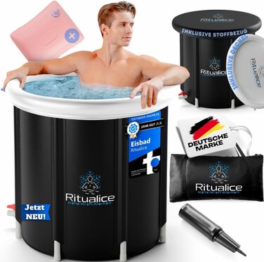 Ritualice® Преміум Ванна для льоду (80 см Ø) XL Комплект - Переможець тесту - Комплект льодової бочки з кришкою, тканиною та XL сумкою - Ідеальна ванна для льоду для криотерапії та відновлення - Ізольована льодова бочка з 5-шаровою ізоляцією, біла з XL су