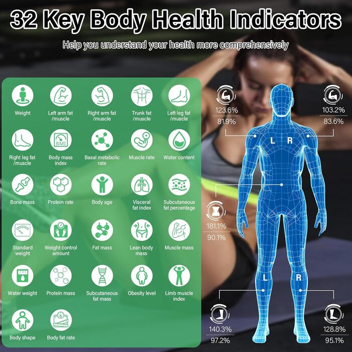 Вага для вимірювання жиру в тілі з датчиками рук, 8 електродів, цифрова вага з LCD дисплеєм, точна вага для вимірювання жиру та м'язової маси з APP, 32 показники, для вимірювання жиру, ІМТ та інше, чорного кольору
