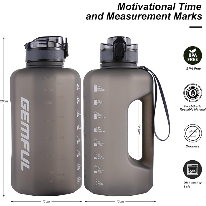 Спортивна пляшка для води GEMFUL 2.2L з ручкою та позначками часу - ідеальна для фітнесу та повсякденного використання (Сірий)