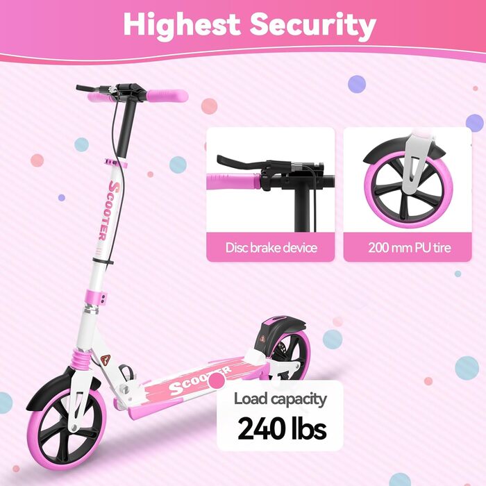 MEE GOO Скутер для дорослих – роликовий самокат з дисковими гальмами та подвійними амортизаторами, 200 мм PU-колеса, підшипники ABEC-7, протиковзне покриття (Рожевий/Білий/Синій) – Макс. 100 кг (РОЖЕВИЙ)
