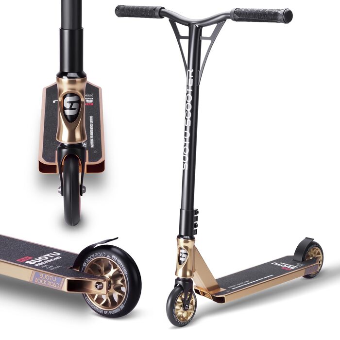 SUOTU Станкер для трюків, професійний, 360° кермування, роликовий скейтборд з колесами 110 мм 85A PU, для дітей, підлітків та дорослих, вантажопідйомність 100 кг, алюміній (чорний – білий золотий)