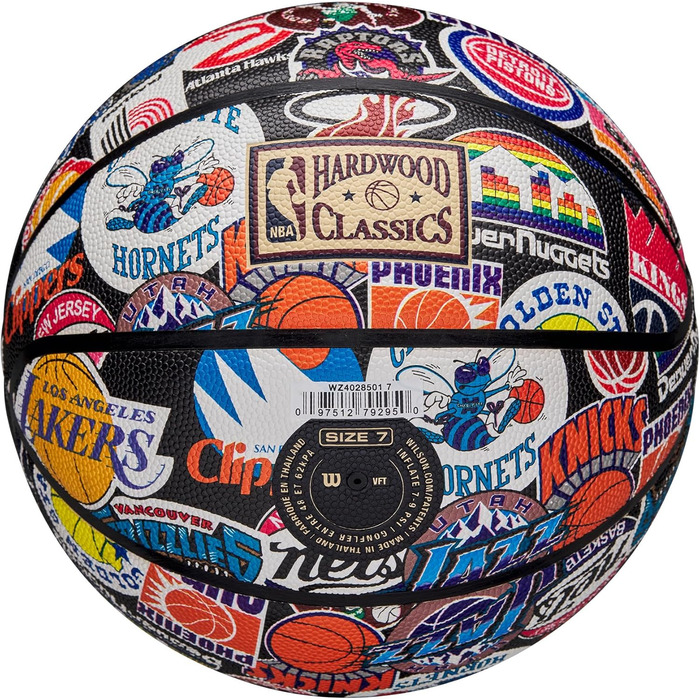 М'яч для баскетболу Wilson NBA All Team Retro, розмір 7. Ретро дизайн, технологія Dual Depth, поверхня Pure Feel, покращена повітряна утримання, класичні логотипи Hardwood.