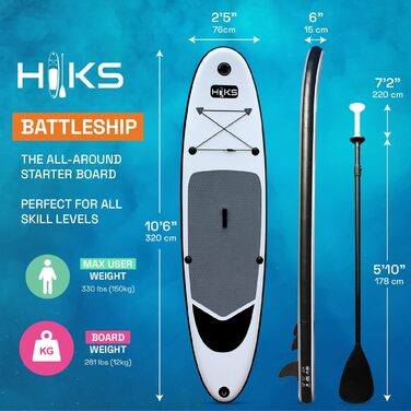 Надувна SUP-дошка HIKS 10.6ft (3,2 м) сірого кольору з веслом, насосом, рюкзаком і страховкою, універсальна для всіх рівнів, ідеально для початківців