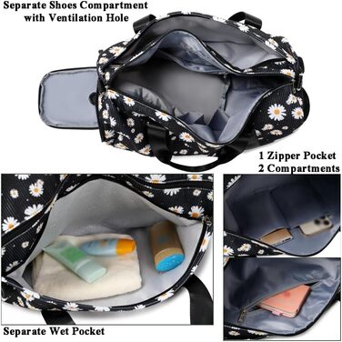 Спортивна сумка для дівчаток Kord з ромашками, 25L, чорна: для школи, танців, тренувань. З водонепроникним відділенням та відсіком для взуття.