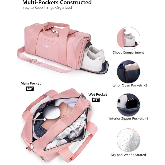 Спортивна сумка 16 дюймів для жінок та дітей з відділенням для взуття та водонепроникним розділенням. Ідеальна для фітнесу, танців, плавання та подорожей (рожева)
