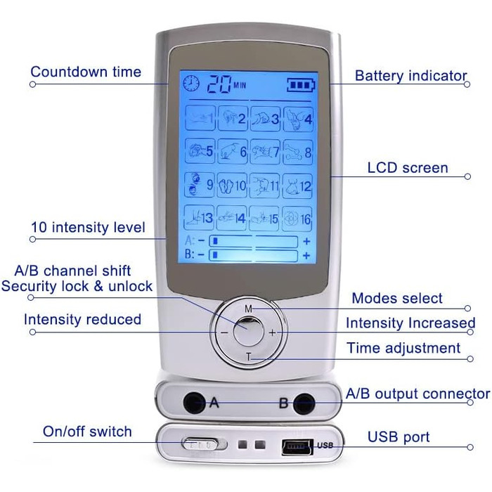 Пристрій TENS для зняття болю: EMS масажер з 2 каналами та 16 програмами для спини, шиї та плечей