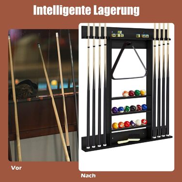 Стійка для київ GYMAX для 8 київ та аксесуарів для більярду, настінна, з дерева, для більярдних кімнат та клубів, 79 x 8 x 91 см (чорний)