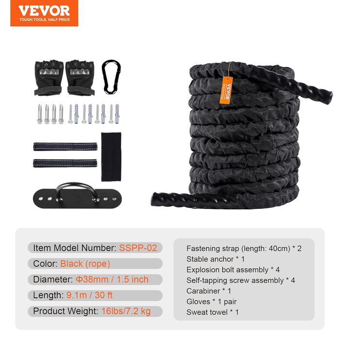 Тренувальне канат VEVOR Battle Rope - 9.1 м, поліестер, з захисною оболонкою та анкером. Для фітнесу вдома, тренування корпусу та пресу