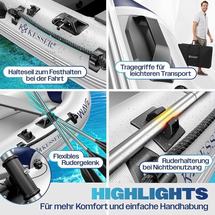 Надувний човен KESSER® Wave 230-320 см, комплект 6 в 1: човен, лавка, насос, весла, ремкомплект, сумка. Для моря, річки, мотора. Сіро-блакитний