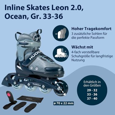 Інлайнери Hudora Mia / Leon 2.0 - дитячі та підліткові ролики, розміри 33-36, колір Ocean