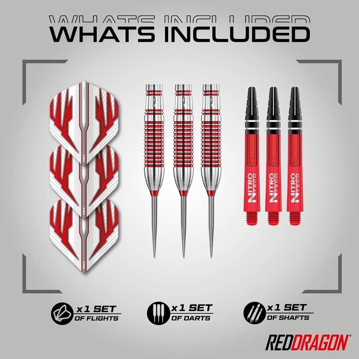 Дротики Red Dragon Reflex із вольфраму для дартсу, сталевий наконечник, з крилами та держателями