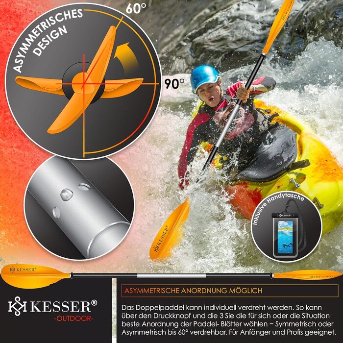 Весло KESSER® Paddle Doppelpaddel з 4 частин для каяка, SUP, стенд-ап паділбордингу, 228 см, алюміній. Підходить для надувного човна, весло для стенд-ап паділбордингу. В комплекті: страховий шнур, чохол для телефону, надувне весло Orange