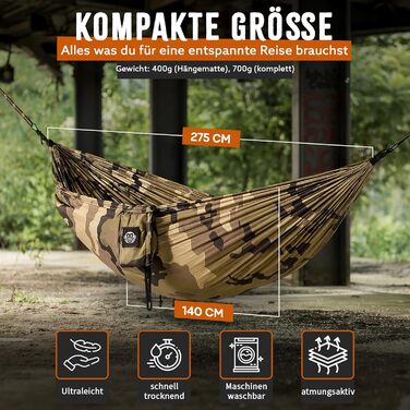 Гамак туристичний Monkey Swing ультралегкий з карабіном та стропами (до 300 кг) – 275 x 140 см, для кемпінгу, трекінгу, подорожей (Камуфляж, Зелений/Хакі)