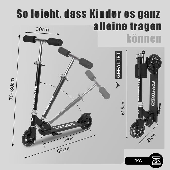 Самокат дитячий Roller 2-колісний, складаний, з LED підсвіткою коліс, регульована висота, чорний, для хлопчиків та дівчаток 3-12 років