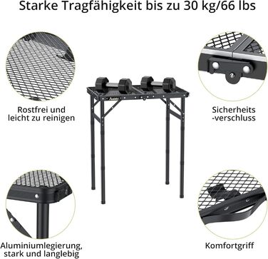 Стіл для кемпінгу Anbte Grilltisch 58x40 см, металевий, регульована висота (26/48/70 см), алюмінієвий каркас, чорний