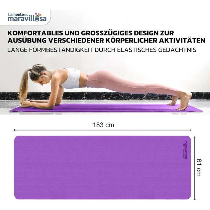 Килимок для гімнастики та йоги LA MENTE ES MARAVILLOSA: протиковзкий, TPE, 183x61 см, з сумкою та інструкцією, для фітнесу, пілатесу, indoor/outdoor, фіолетовий/рожевий