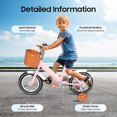Дитяче велосипед 12 дюймів, регульований по висоті, з додатковими колесами та кошиком. Підходить для дітей 2-4 років, рожевий.