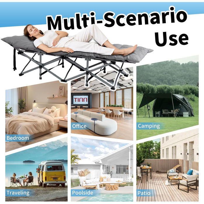 Розкладне ліжко LEADZM для кемпінгу з матрацом, 190x71x36 см, сталевий каркас, сірий