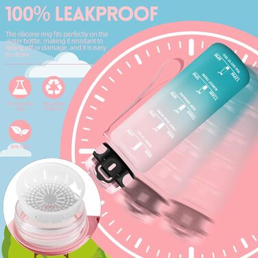 Фляга для води HoneyHolly 1 л з фільтром, з позначками часу, противитікаюча, для спорту, велосипеда, йоги, фітнесу, активного відпочинку (чорно-червона)