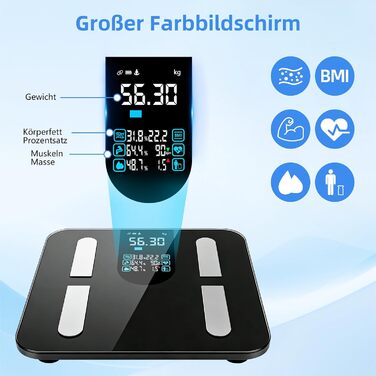 Розумні ваги для аналізу складу тіла з визначенням відсотка жиру, м'язової маси, BMI та вісцерального жиру, 25 показників, BIA-технологія, до 225 кг, чорні