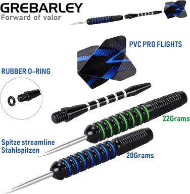 Професійні дротики для дартсу Grebarley з металевим наконечником, 12 шт, 18 г, алюмінієві стержні, 9 наборів оперень, 20 ущільнювачів, сині та зелені