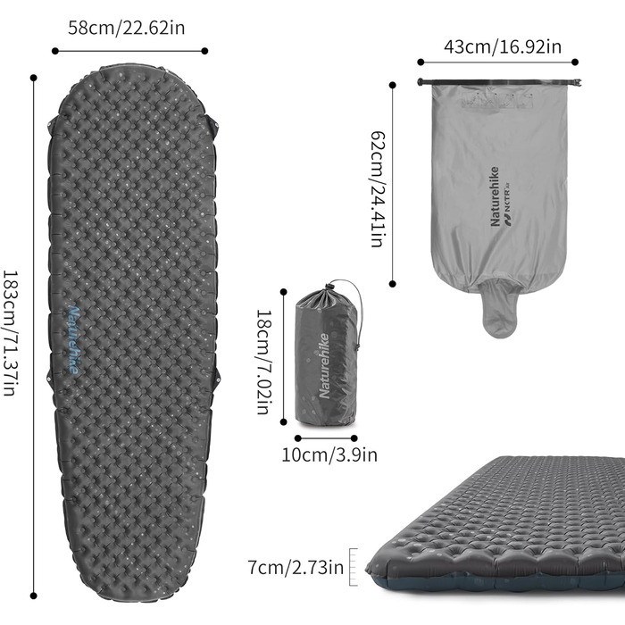 Каремат Naturehike 3.5R для кемпінгу самонадувний, зимовий (-6°C), чорний, L (Мумія) - високий R-значення, легкий, 4 сезони