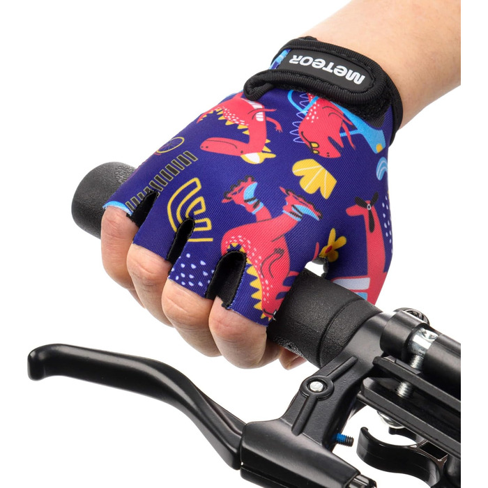 Дитячі велосипедні рукавички Meteor Unisex з гелевими вставками для BMX та шосе (M, Dino cars)