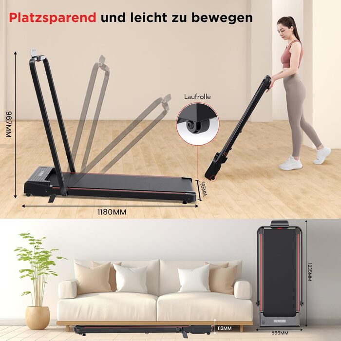 Електричний біговий тренажер складний, для дому з нахилом 5%, швидкість 12 км/год, 1400W, LCD-дисплей, чорний