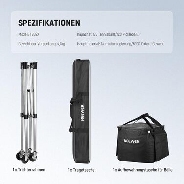 Корзина для тенісних м'ячів Neewer TB02X на колесах для тренувань та збору, сумка для тенісу та піклболу