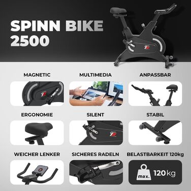 Велотренажер магнітний YM Spinn Bike 2500, 16 кг маховик, регульоване сидіння і кермо, тримач для смартфона і планшета, сумісний з додатками Kinomap, Zwift, Bitgym, Fithome, для дому