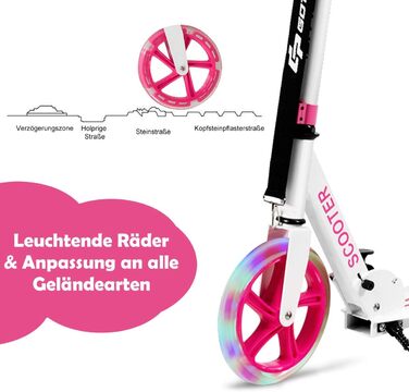 Дитячий трюковий самокат GOPLUS Roller Kinder 10 років, 3-ступенева регулювання висоти, алюмінієвий, з LED-колесами, гальмом, ременем та підставкою, до 100 кг (Рожевий)