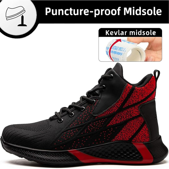 Легкі захисні черевики для чоловіків та жінок. Робочі черевики з металевим носком. Дихаючі, неслизькі, з металевим носком. Розміри 35-48 EU (35 EU, Червоний)