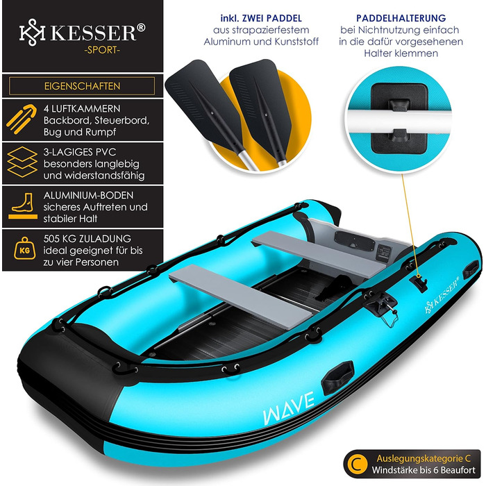 Надувне човен KESSER® 3.20 м на 4 особи - Wave Motor, для відпочинку, риболовлі, з 2 лавками, ремкомплект та сумка, блакитно-чорний PVC