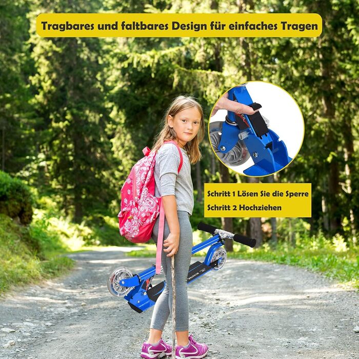 Дитячий ролер GOPLUS Roller Kinder 4 роки з LED-колесами, гальмом на задньому колесі та підніжкою, регульований по висоті, легкий алюмінієвий, складної конструкції, до 70 кг, блакитний